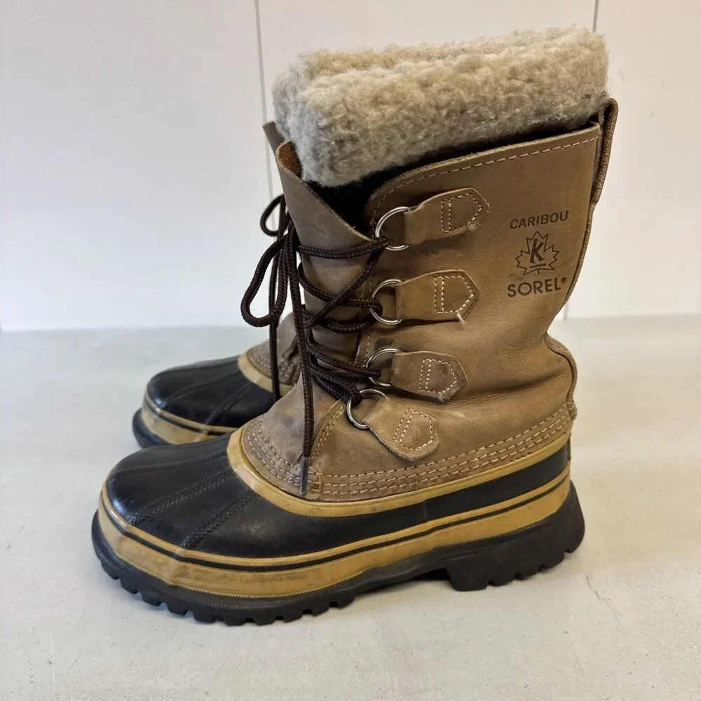 SOREL Caribou Tan Leather Black Rubber Insulated Winter Snow‎ Boots Womens 5